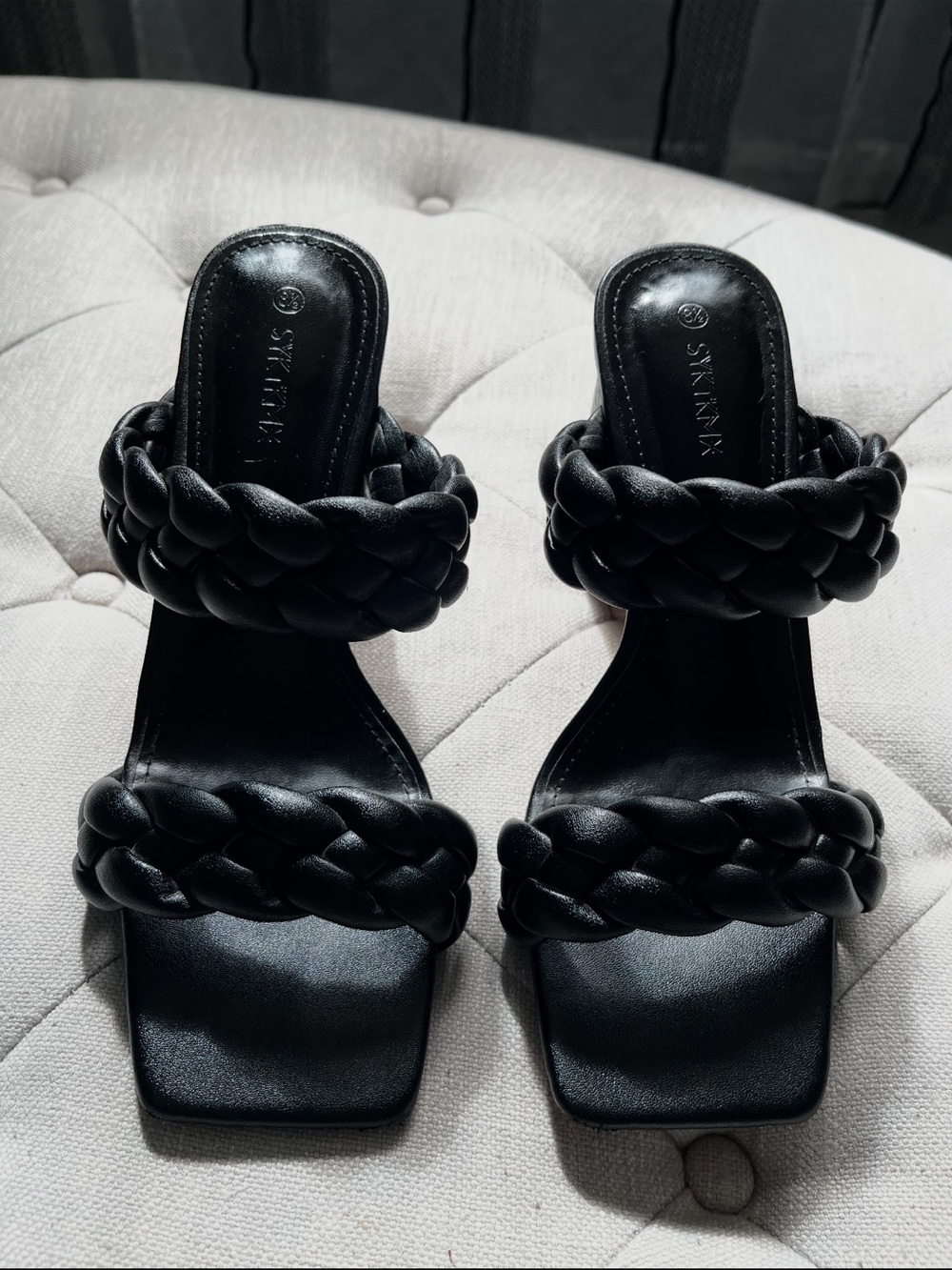 Black Braided Double-Strap Slide Heels